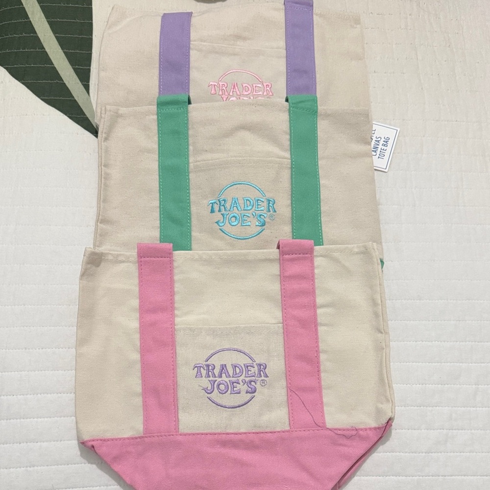 Trader Joe's Canvas Tote Bag Set - Pastel Green, Pink & Purple